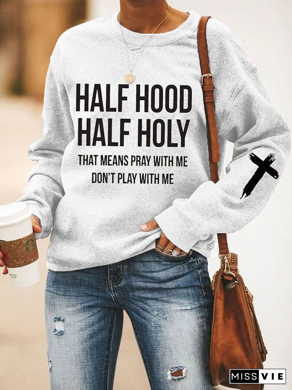 Women's Jesus Has My Back, Half Hood Half Holy Crew Neck Sweatshirt