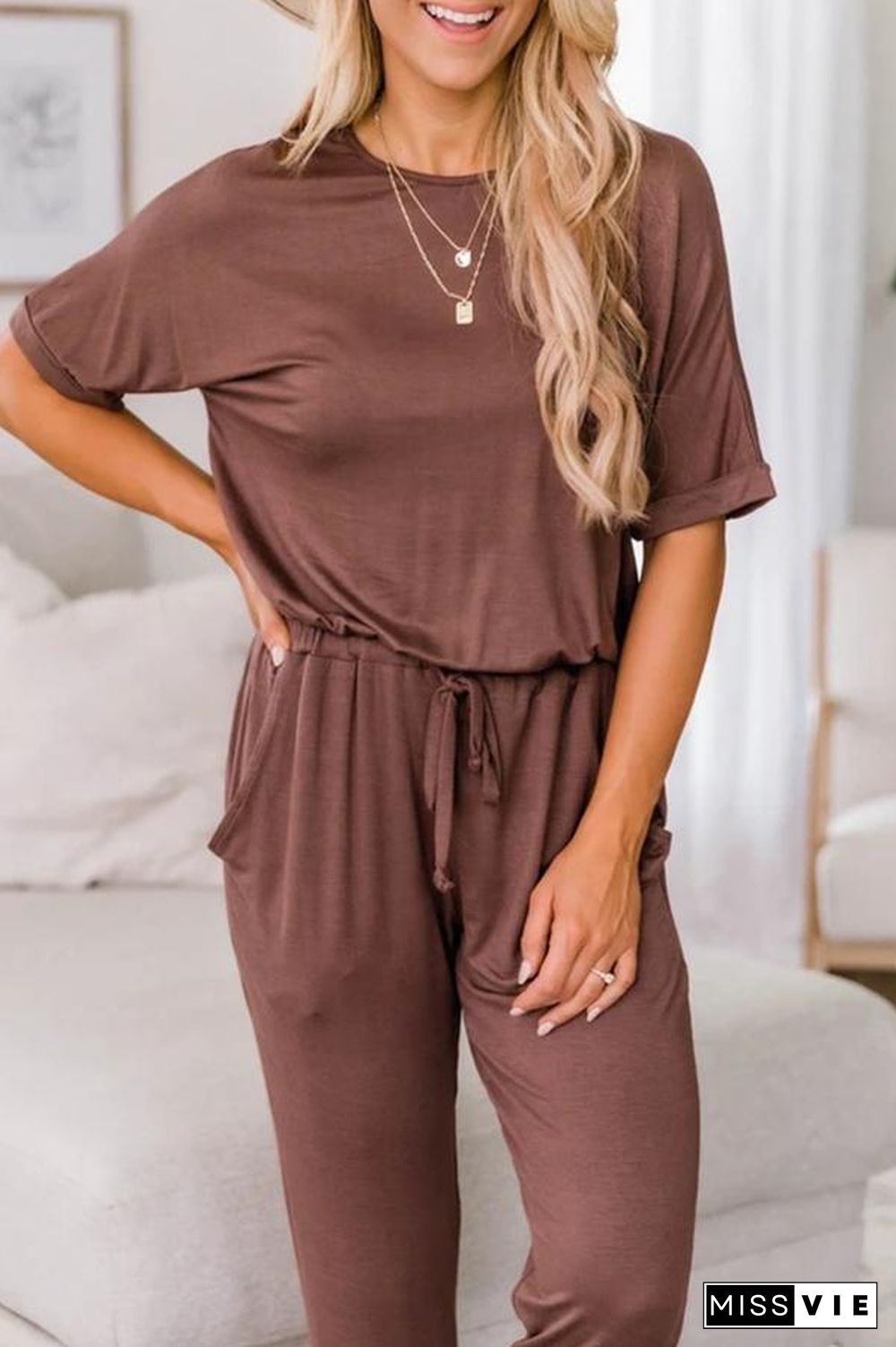 Short Sleeve Round Neck Casual Jumpsuit P14775