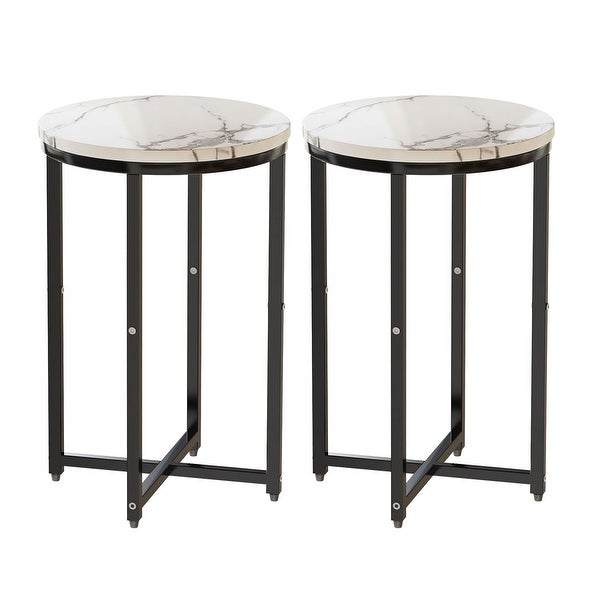 Set of 2 Round End Side Table with Faux Marble Top and Metal Frame for Living Room Bedroom Balcony Small Space