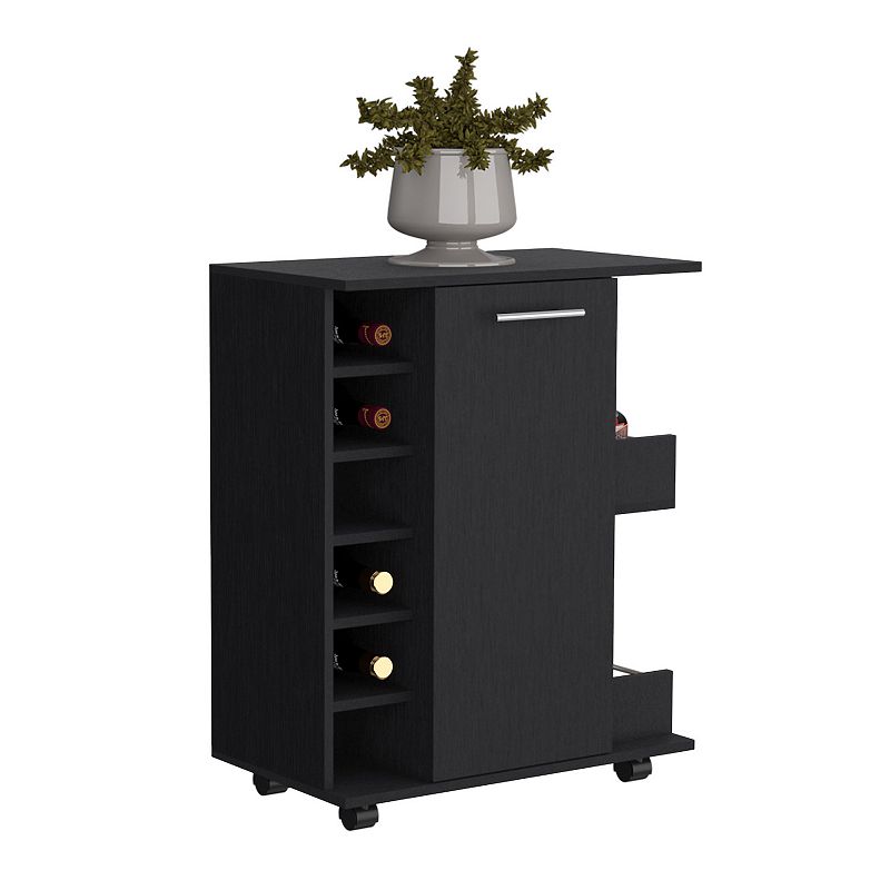 DEPOT E-SHOP Selden Bar Cart with 6-Built in Bottle Racks， Casters and 2-Open Side Shelves， Black