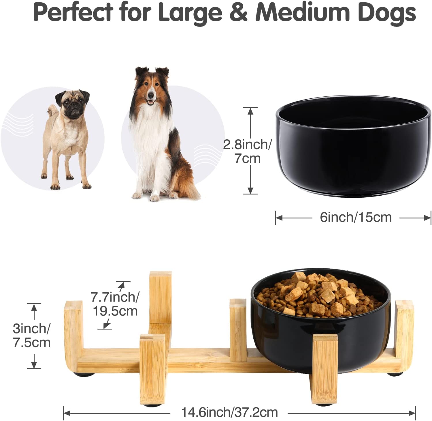 Pawaboo Ceramic Dog Cat Food and Water Bowls Set with Wooden Stand & Non-Slip Silicone Pad, Modern Cute Bowl Set for Small Size Dogs and Cats (15.2OZ) & Medium Sized Dogs (28OZ), 6inch-Black