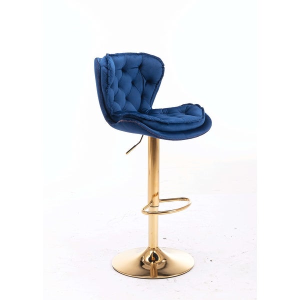 Set of 2 Bar Stools，with Chrome Footrest and Base Swivel Height Adjustable Mechanical Lifting Velvet + Golden Leg