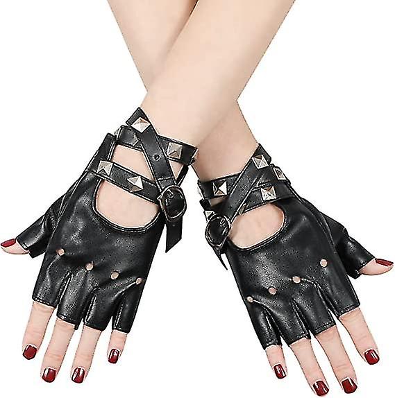 Women Punk Gloves Pu Leather Half Finger Rivets Performance Costume Fingerless Gloves For Ladies Teensblack1 Pair