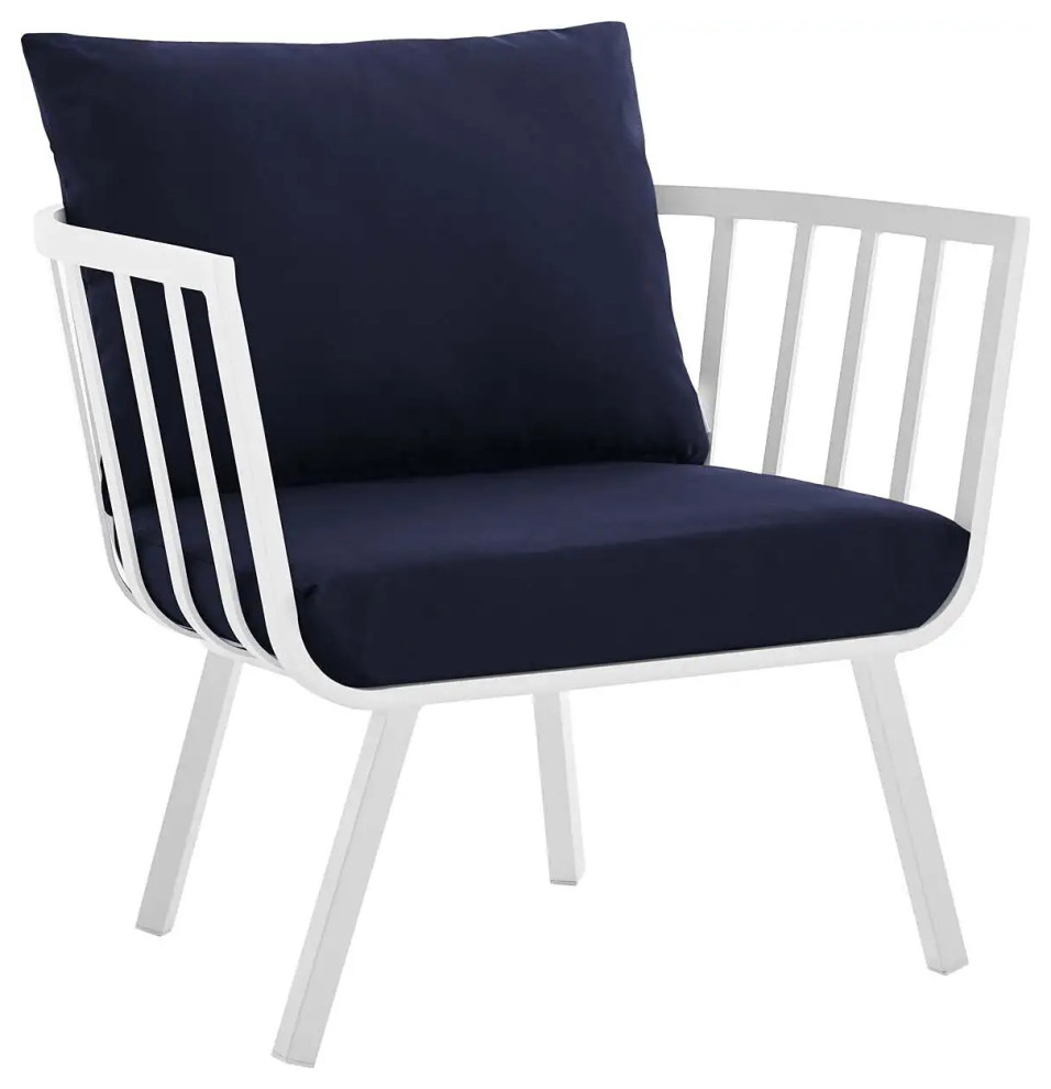 Coastal Patio Lounge Chair  Aluminum Frame With Curved Slat Back  ampNavy Cushion   Contemporary   Outdoor Lounge Chairs   by Decor Love  Houzz