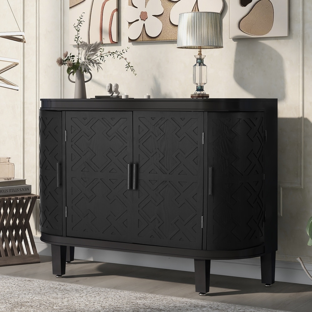 Black Wooden Entryway Storage Cabinet with Antique Pattern Doors