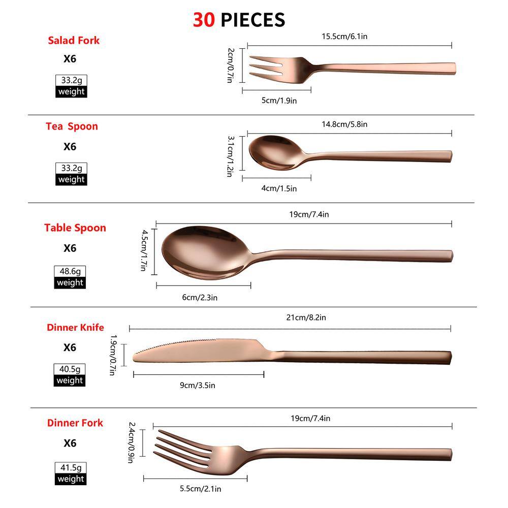 Velaze 30-Piece 188 Rose Gold Flatware Set Stainless Steel Eating Utensils Set Knife Fork Spoon Set (Service for 6) VLZ-FW-E30R