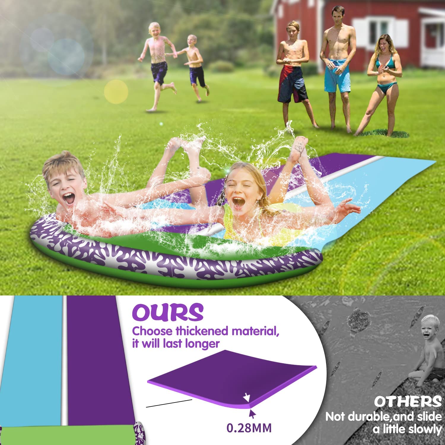 Terra Durable Water Slides for Kids 16 FT Inflatable Water Slide with 2 Surfboards Waterslide And Build in Sprinkler for Summer Fun Play, Purple