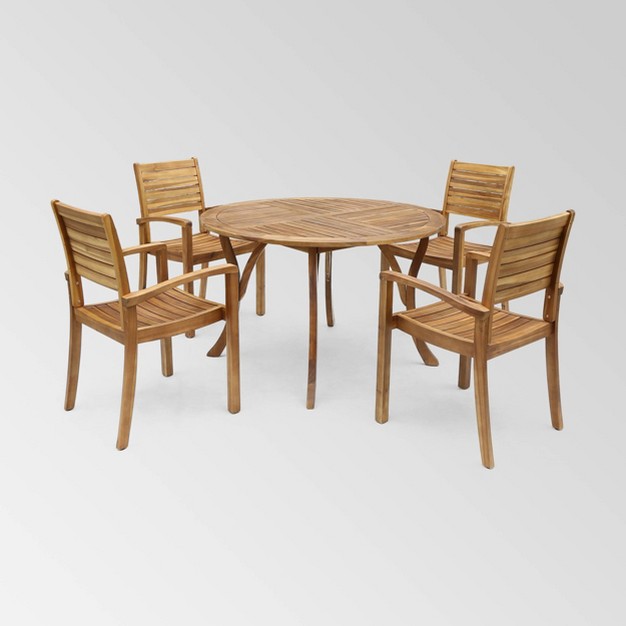 Wells 5 Pc Acacia Wood Round Dining Set Teak Finish Christopher Knight Home