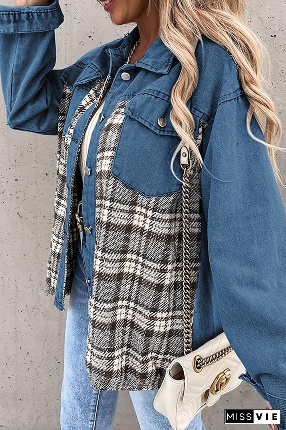 Plaid Splicing Open Button Denim Jacket