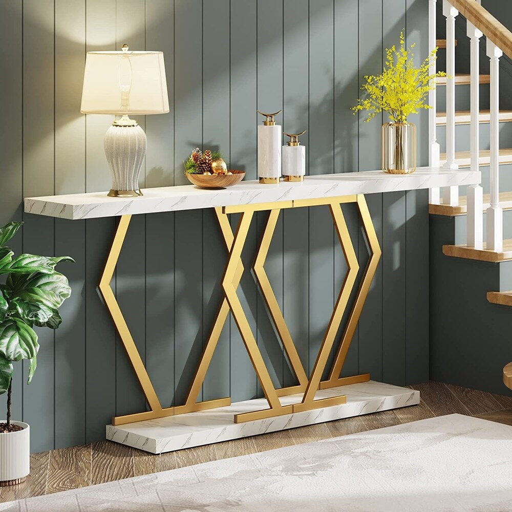 70.9 Inches Modern Console Table  Extra Long Sofa Table with Faux Marble Tabletop and Gold Base