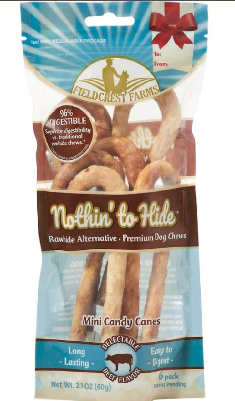 FieldCrest Farms Nothin' to Hide Candy Canes Dog Chews， Beef， 6 Pack