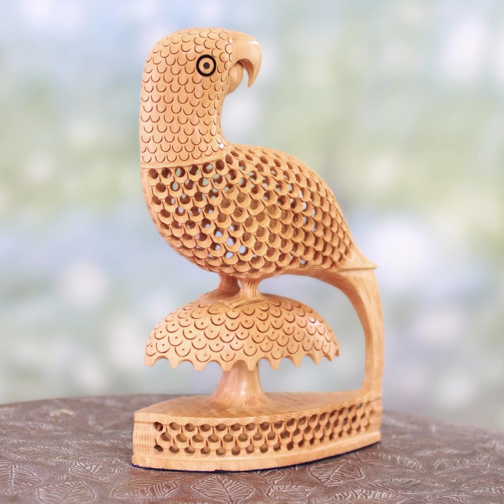 Handcrafted Kadam Wood 'Perky Parrots' Statuette (India)   8.25\