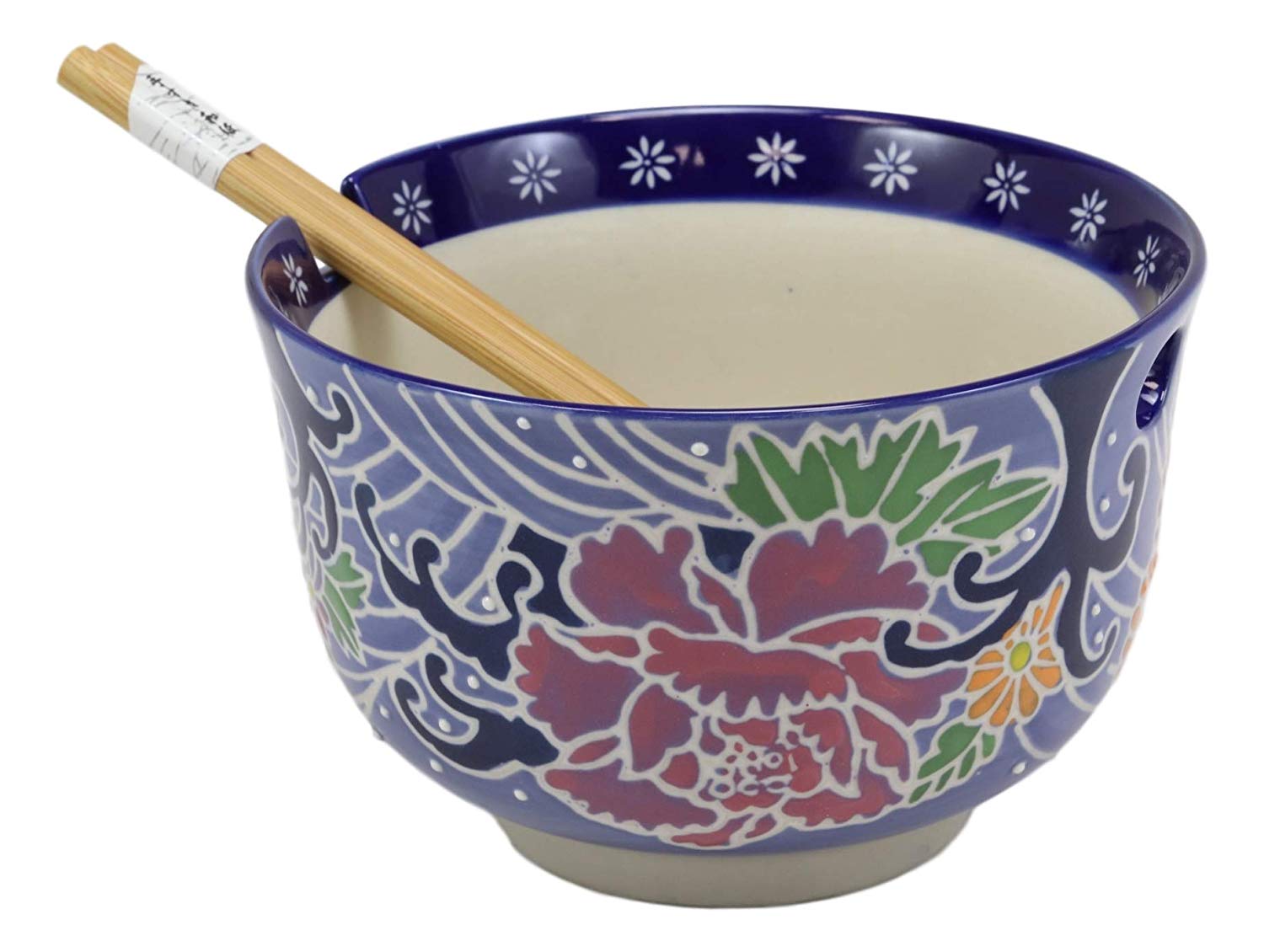 Blue Floral Breeze Ramen Noodles Large 6.25D Pho Soup Bowl With Chopsticks Set