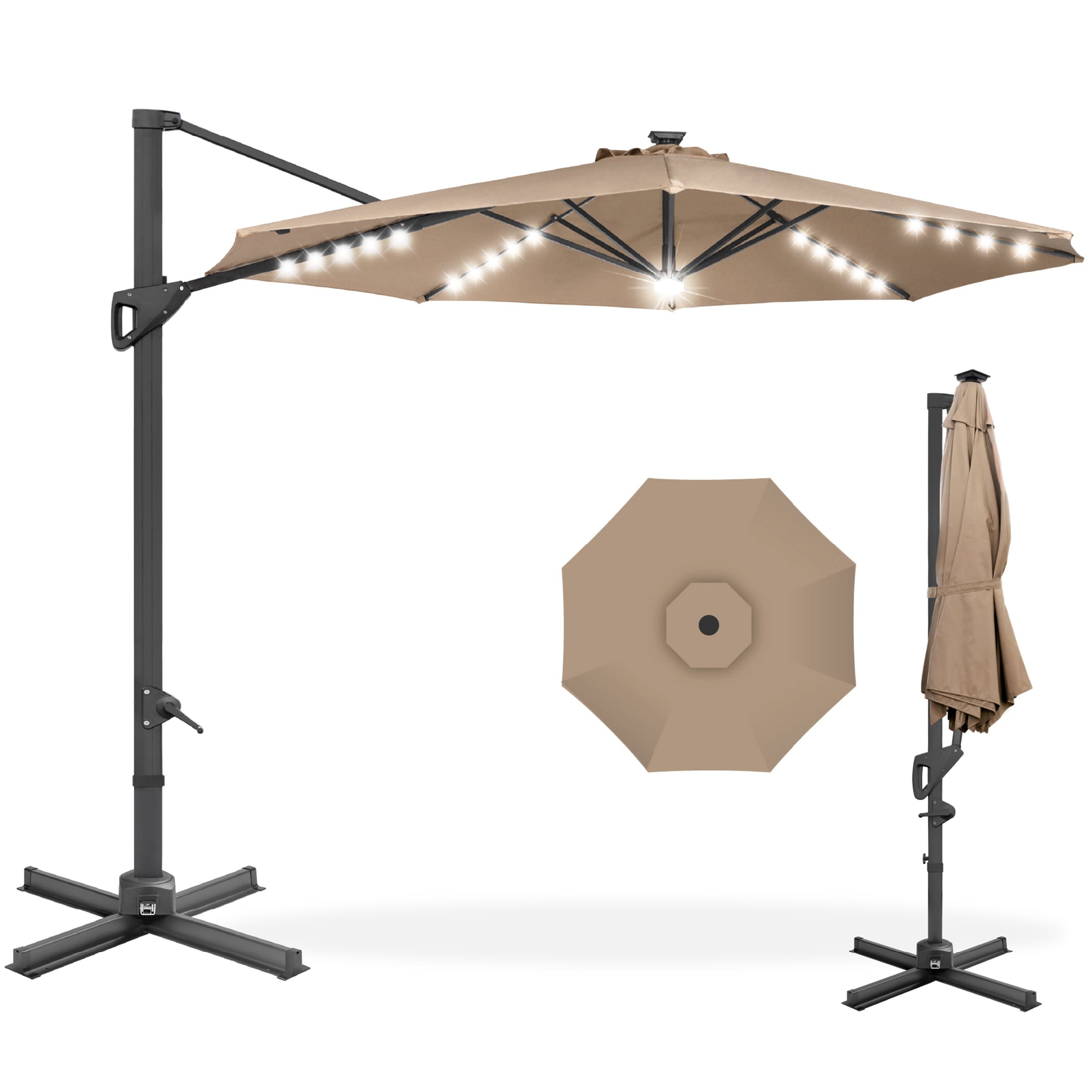 Best Choice Products 10ft 360-Degree Solar LED Cantilever Patio Umbrella， Outdoor Hanging Shade w/ Lights - Tan