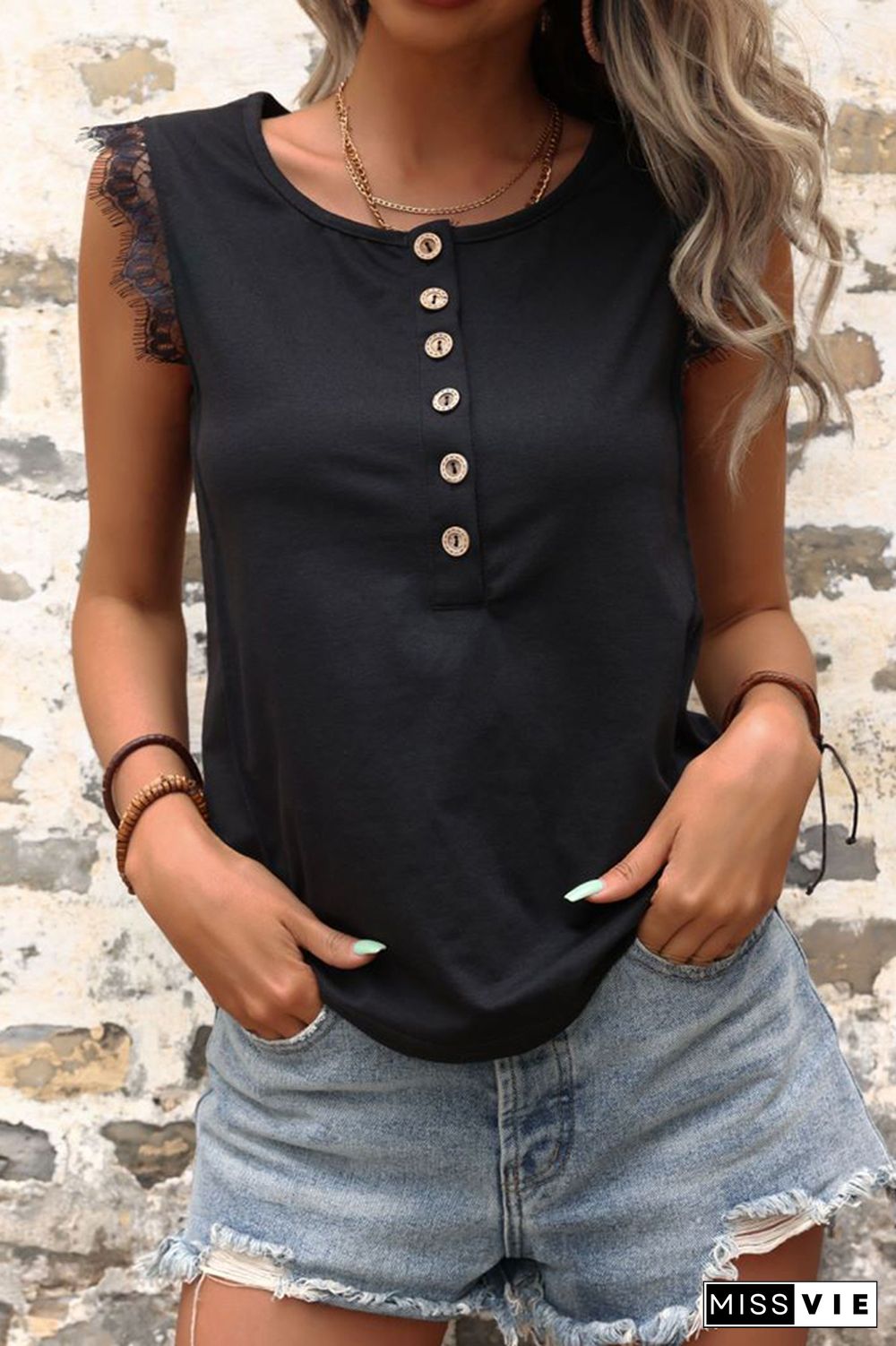 Black Button Down Lace Tank Top Wholesale