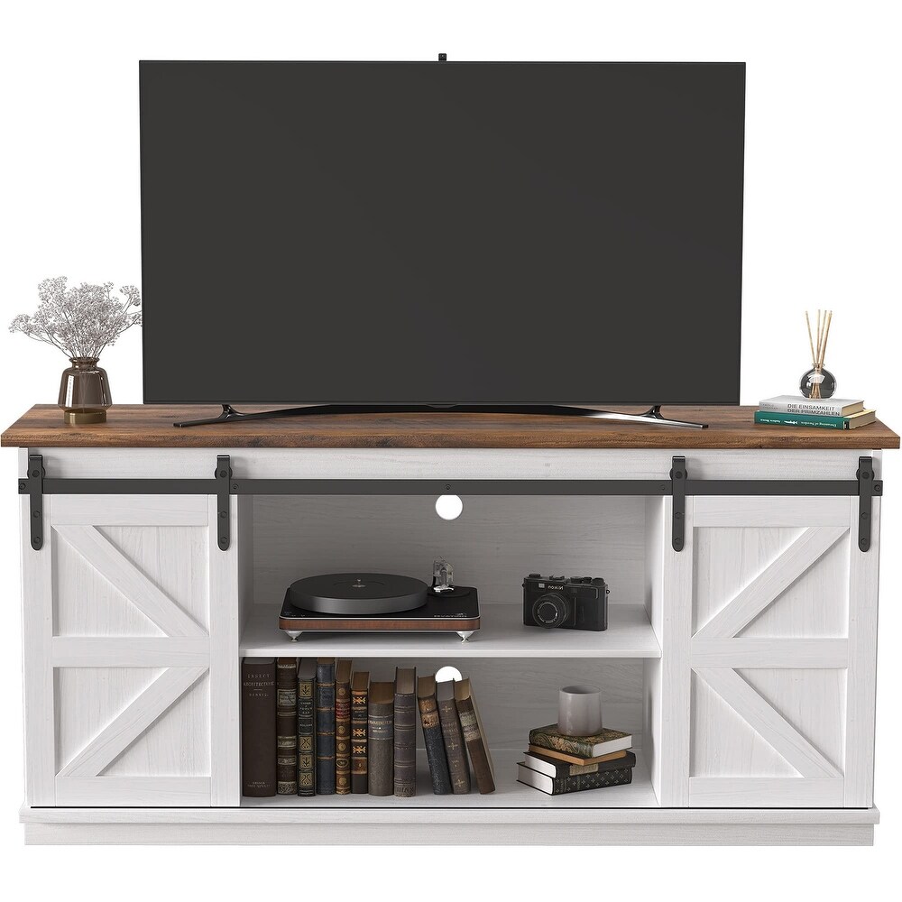 TV Stand up to 65 Inches  Modern Entertainment Center with Sliding Barn Doors and Storage Cabinets  Metal Media TV Table