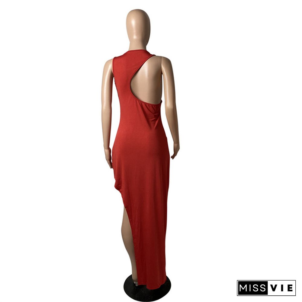 Elegant Solid Color Sleeveless Back Hollow Out Asymmetrical Splited Party Evening Maxi Long Dresses