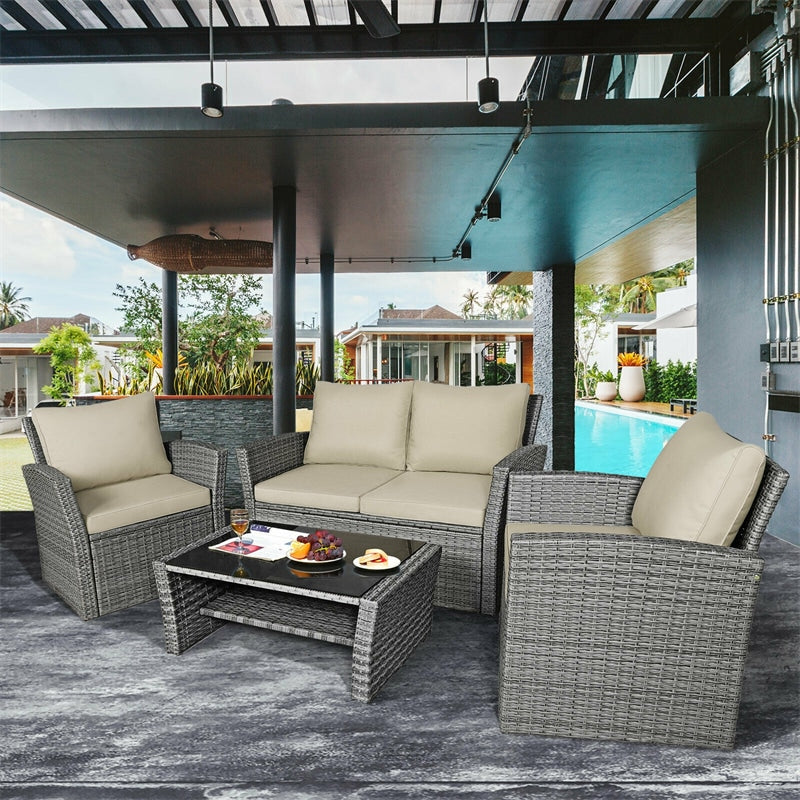 4 Pcs Rattan Patio Sectional Furniture Set with Storage Shelf Table, Cushioned Outdoor Wicker Conversation Sofa Set