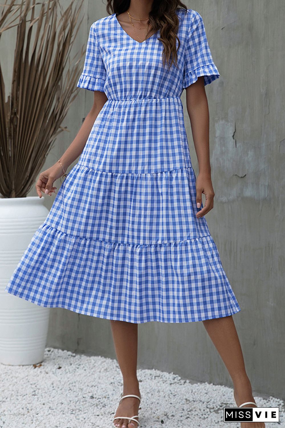 Plaid Print Short Sleeve Midi Dress Wholesale