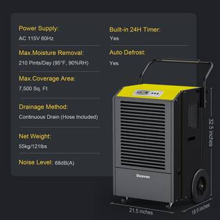 Sleavon 210-Pint Large Commercial Grade Dehumidifier With Handle and Washable Filter for up to 7500 sq. ft. of Use Black HDCX-906E-1