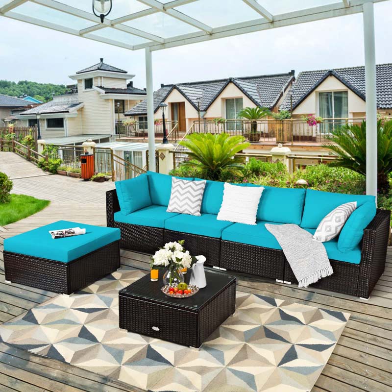 6 Pcs Outdoor Rattan Sectional Sofa Set with Coffee Table & Removable Seat & Back Cushions