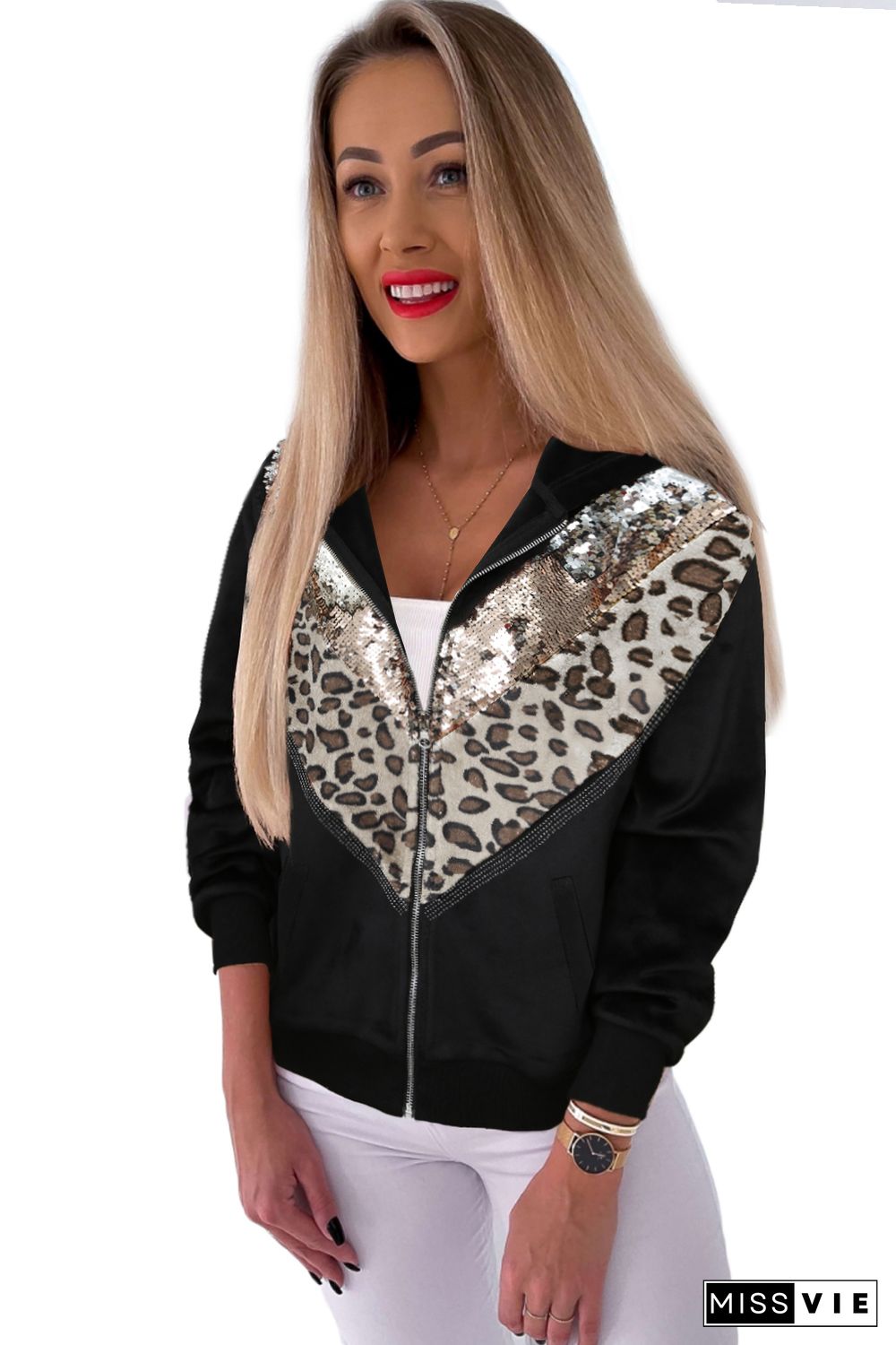 Black Chevron Sequin Leopard Patchwork Zip up Jacket