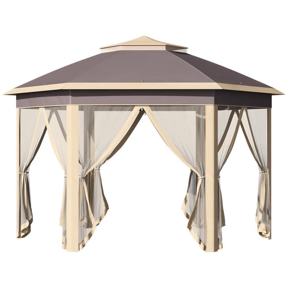 Outsunny 13 ft. x 11 ft. Pop Up Beige Gazebo Double Roof Canopy Tent with Zippered Mesh Sidewalls 84C-299BG