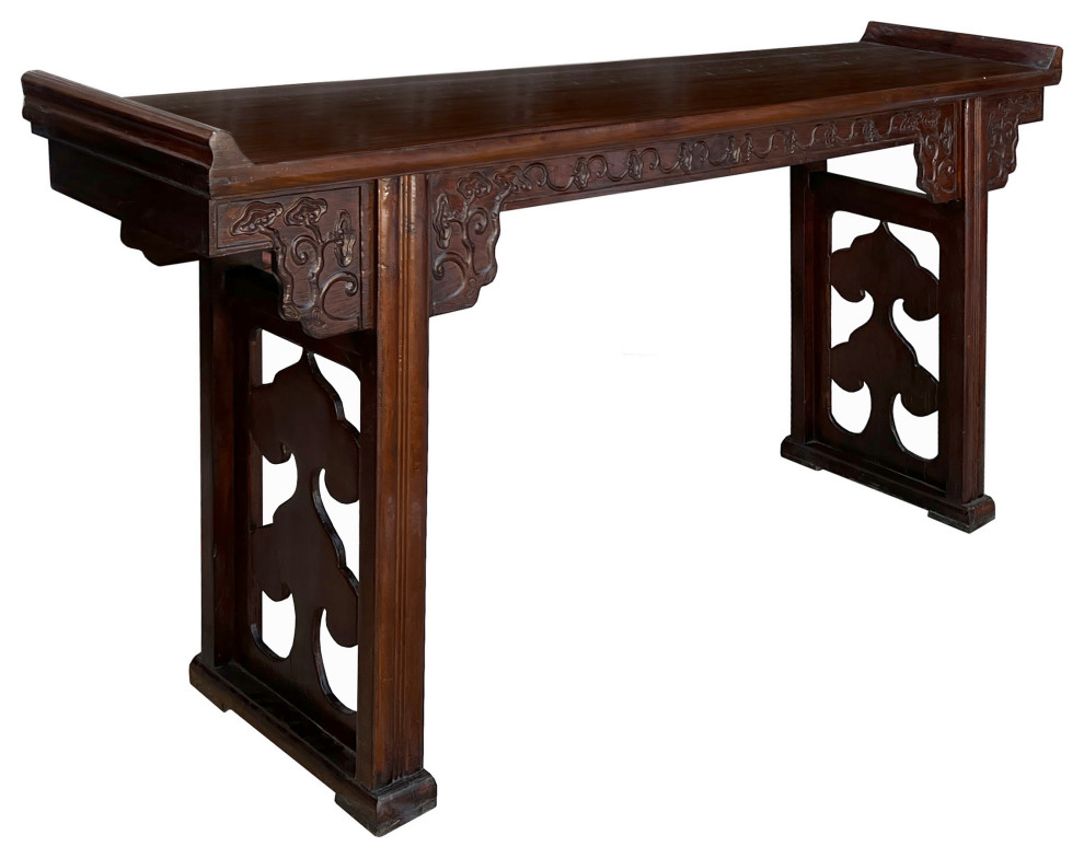 Chinese Brown Elm Wood Point Edge Relief Carving Altar Table Hcs7655   Asian   Console Tables   by Golden Lotus Antiques  Houzz