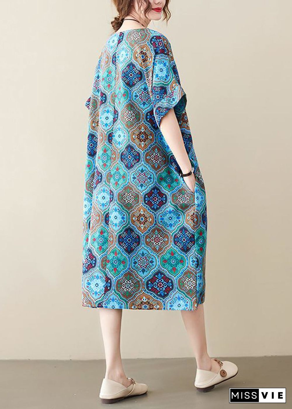 Women Blue O-Neck Print Pockets Linen Dress Short Sleeve