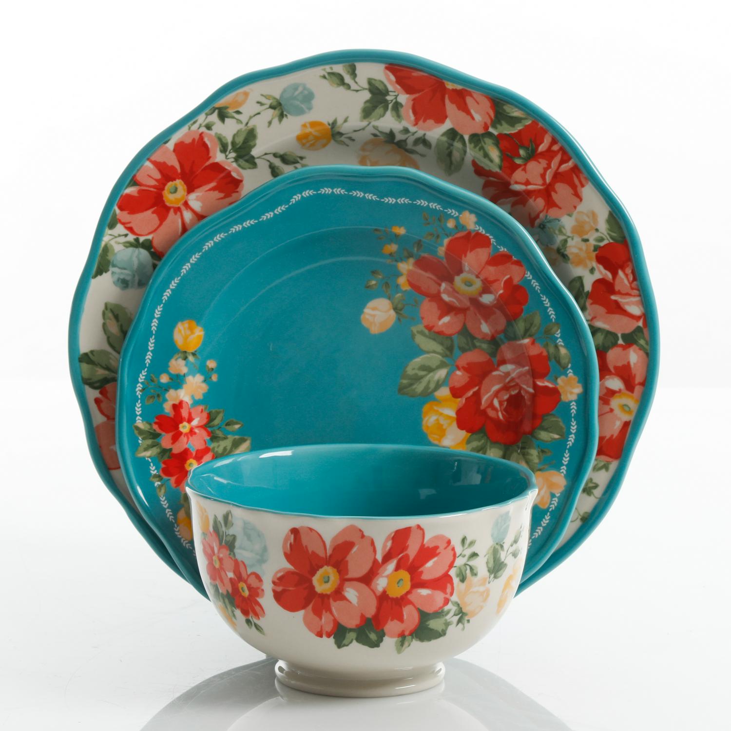 The Pioneer Woman Vintage Floral 12-Piece Dinnerware Set， Teal