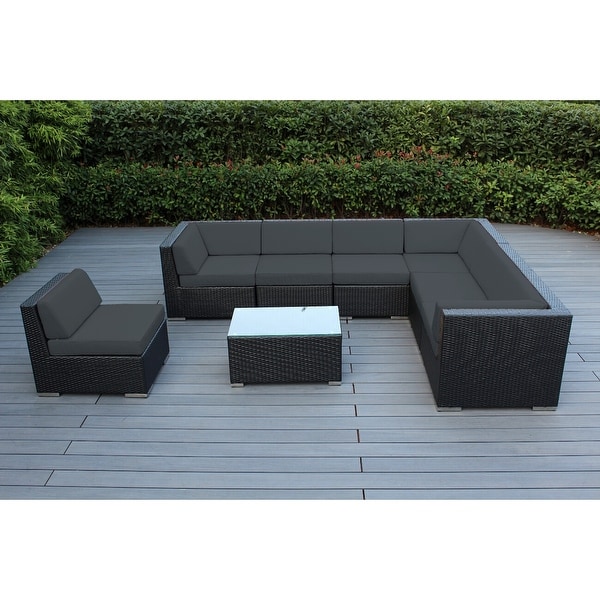 Ohana Outdoor Patio 8 Piece Black Wicker Sectional Set with Cushions