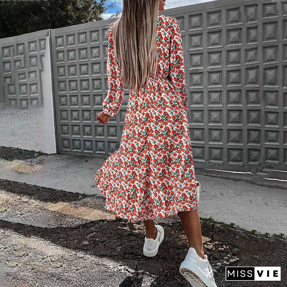 Womens Floral Printed Long Dress Long Sleeve V Neck Holiday Party Casual Pleated A Line Maxi Dress Plus Size