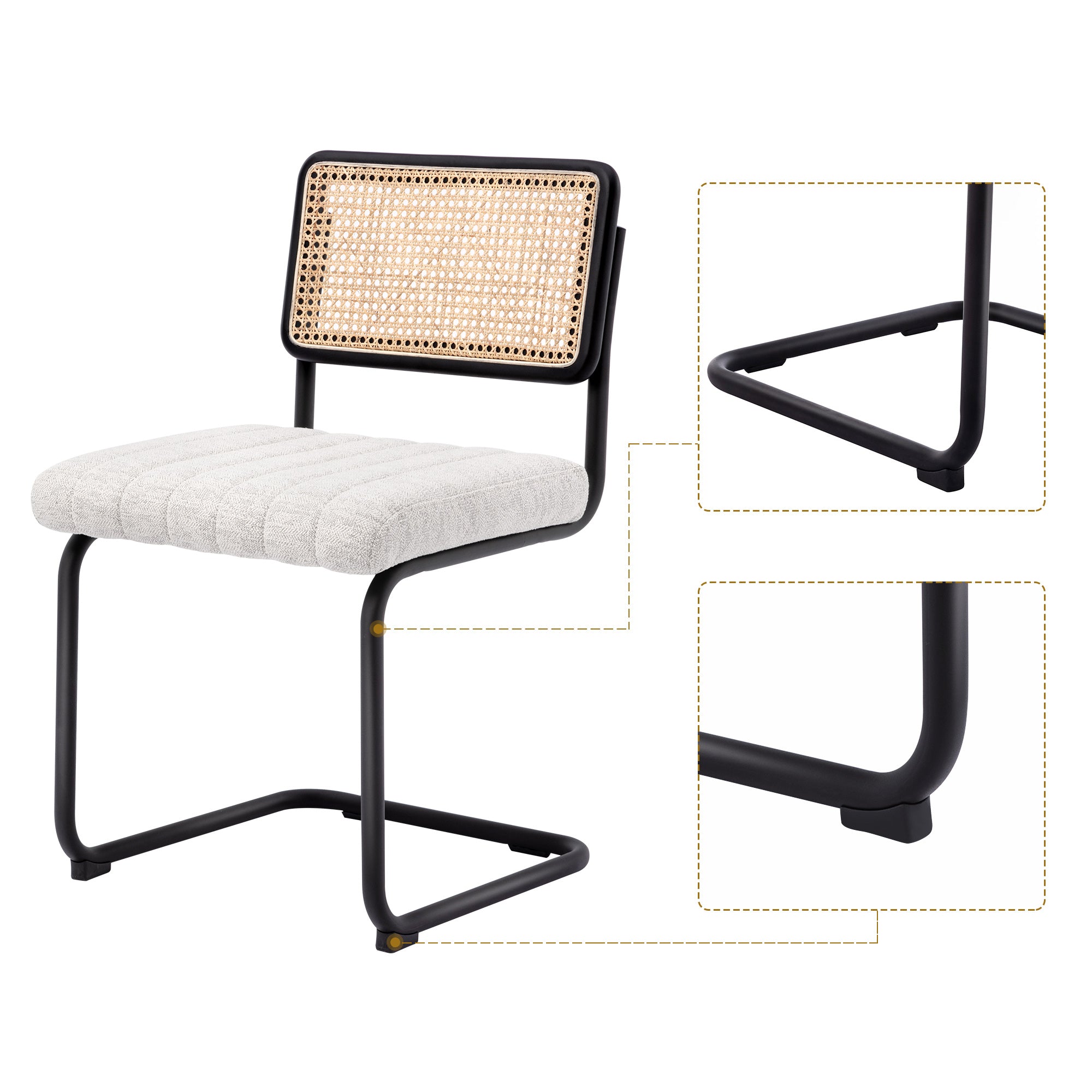 Zesthouse Beige Linen Dining Chairs Set of 2, Rattan Upholstered Kitchen Chairs with Cane Back and Black Metal Legs, Mid-Century Modern Side Chair for Living Room