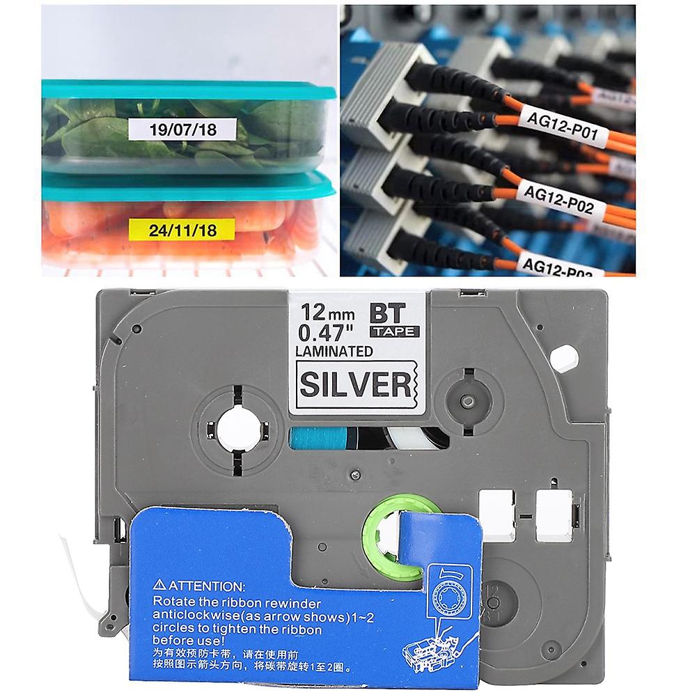 Label Tape Ribbon For Brother Printer Sticker Printing Paper(12mm Black On Matte Silver)