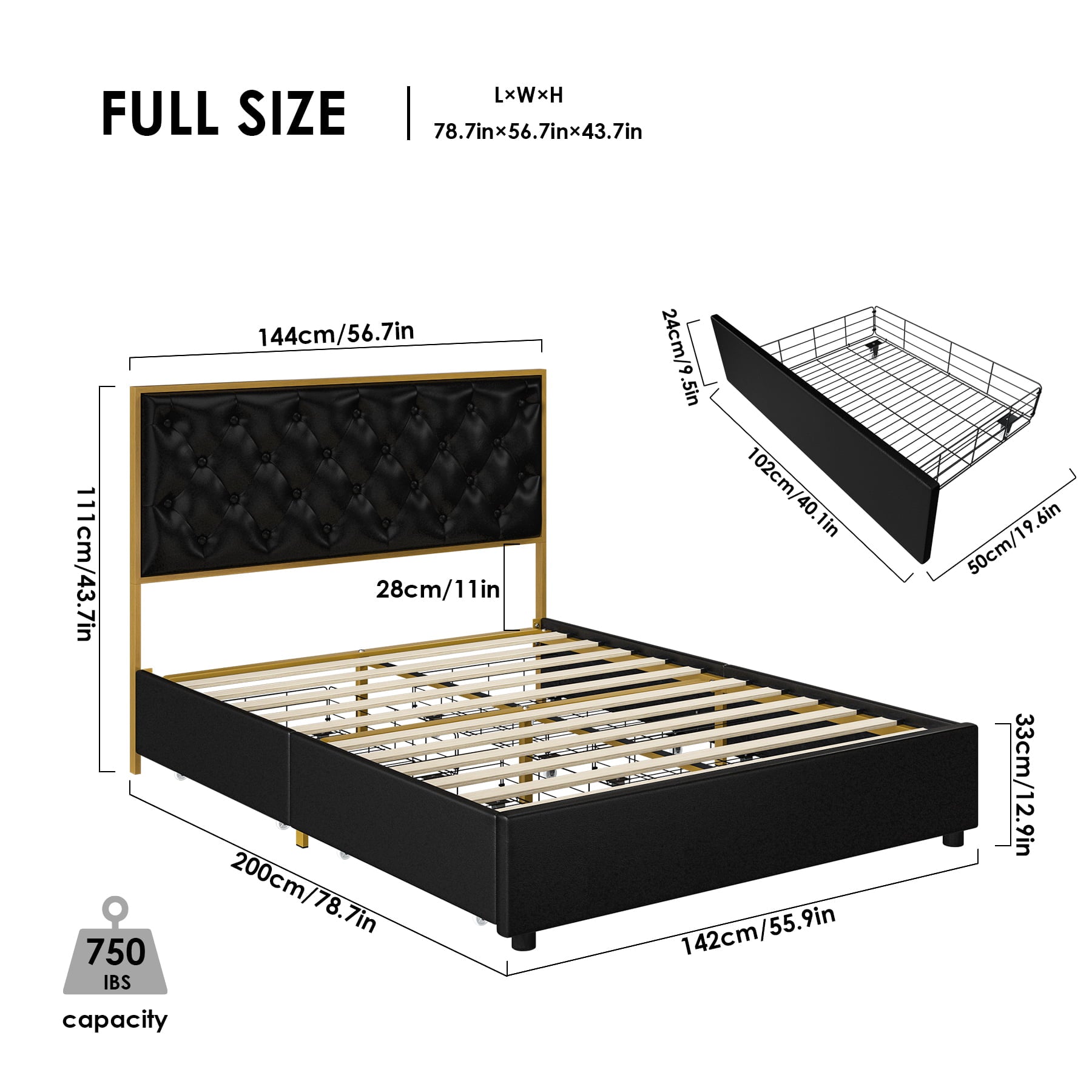 Homfa Full Platform Bed Frame with 4 Storage Drawers, Button PU Leather Upholstered Headboard, No Box Spring Needed, Black