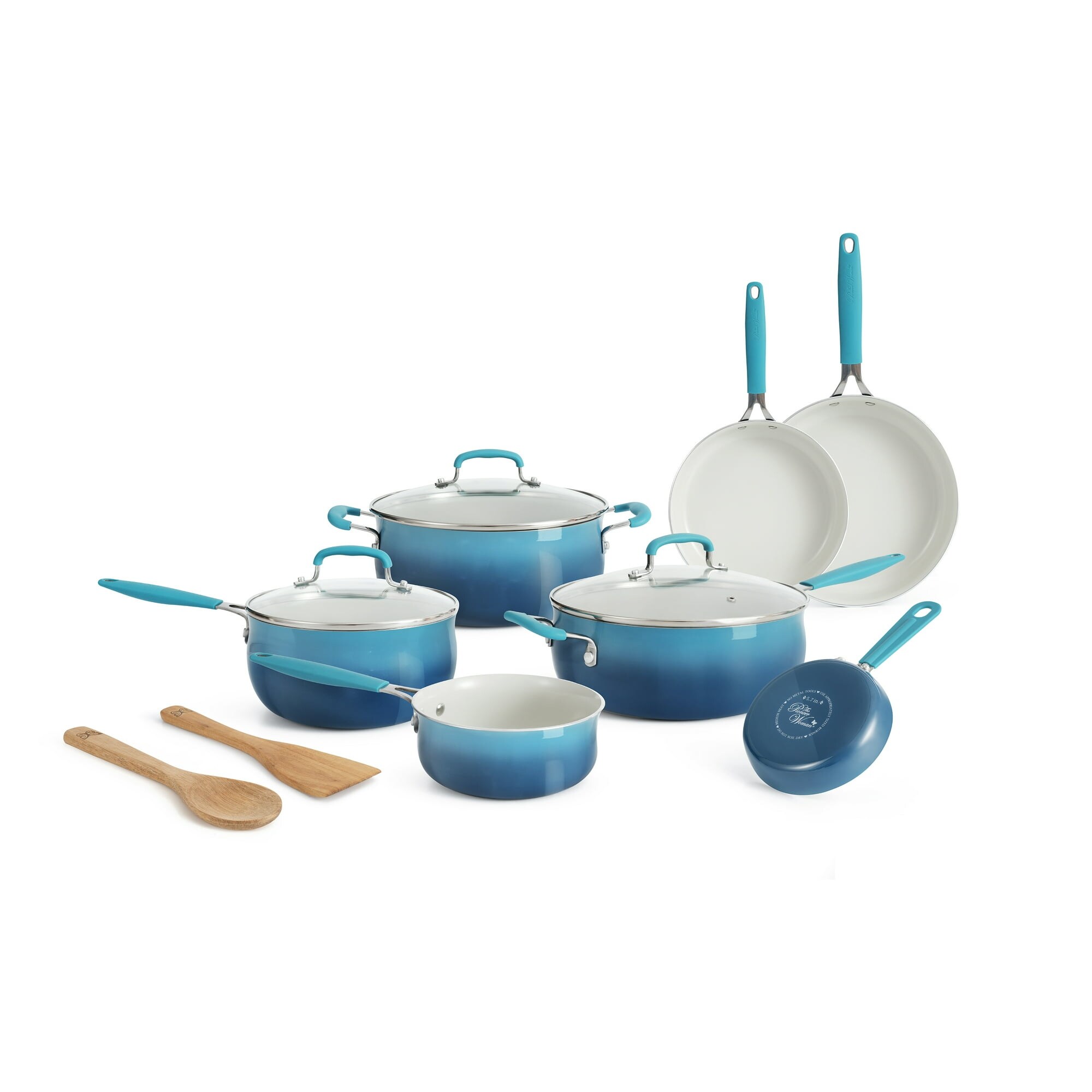 12-Pieces Porcelain Enamel Classic Ceramic Cookware Set， Ombre Teal