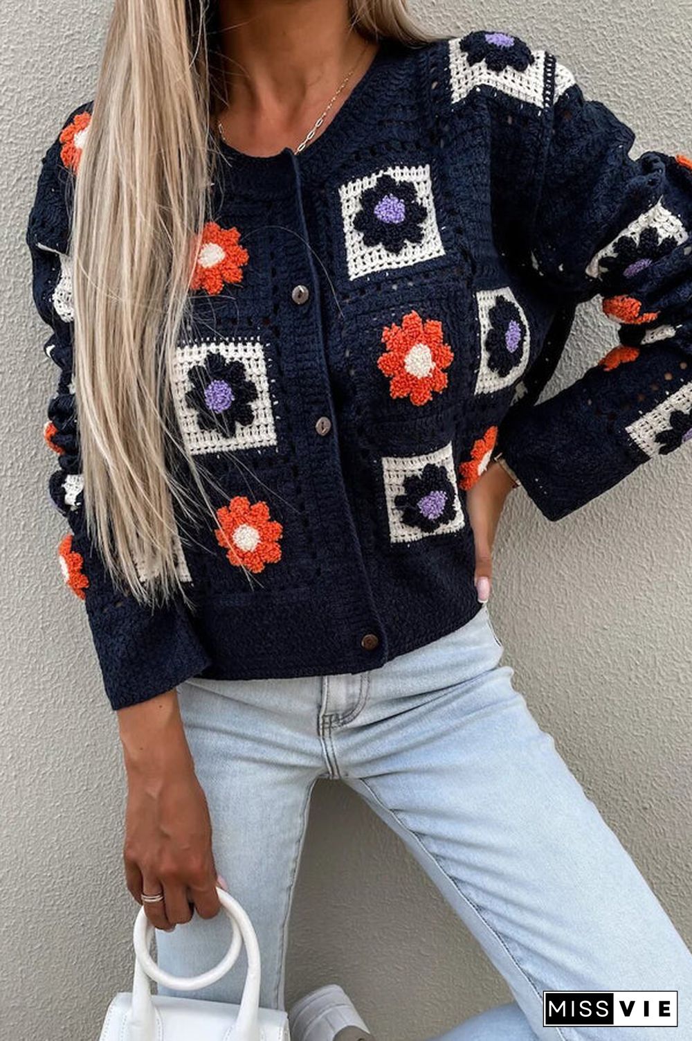 Square Crochet Crop Button Cardigan