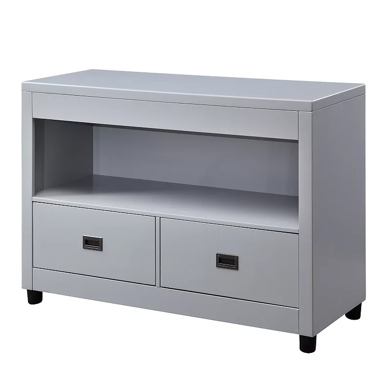 Wooden Console Cabinet with 2 Drawers and Open Shelf， Gray and Black