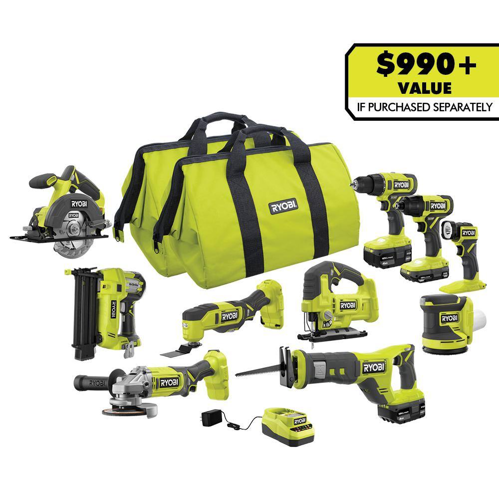 RYOBI ONE+ 18V 10-Tool Combo Kit with (1) 1.5 Ah Battery and (2) 4.0 Ah Batteries and Charger PCL2001K3N