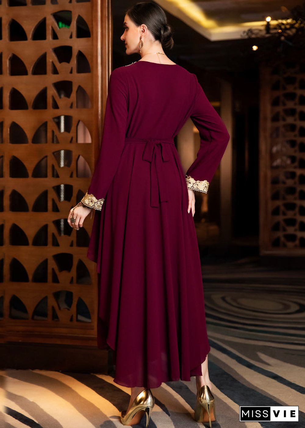 Slim Fit Maroon Asymmetrical Design Lace Patchwork Chiffon Maxi Dresses Long Sleeve