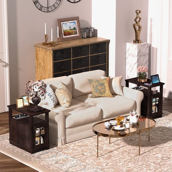 Side Table with Charging Station， Storage End Table， Bedside Table with USB Ports and Outlets，