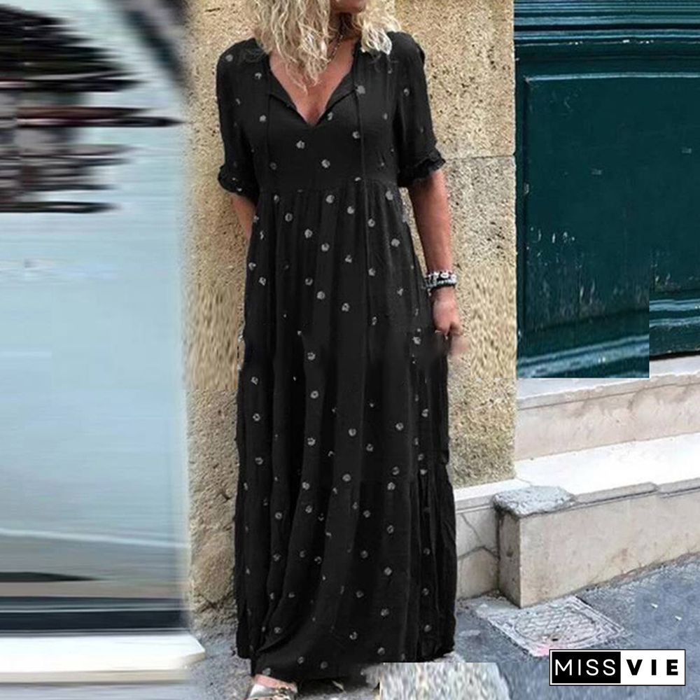 Fall Winter New Women Short Sleeve Boho Dress Vintage Loose Polka Dot Print V-Neck Long Dress Casual Harajuku Party Dress Mujer