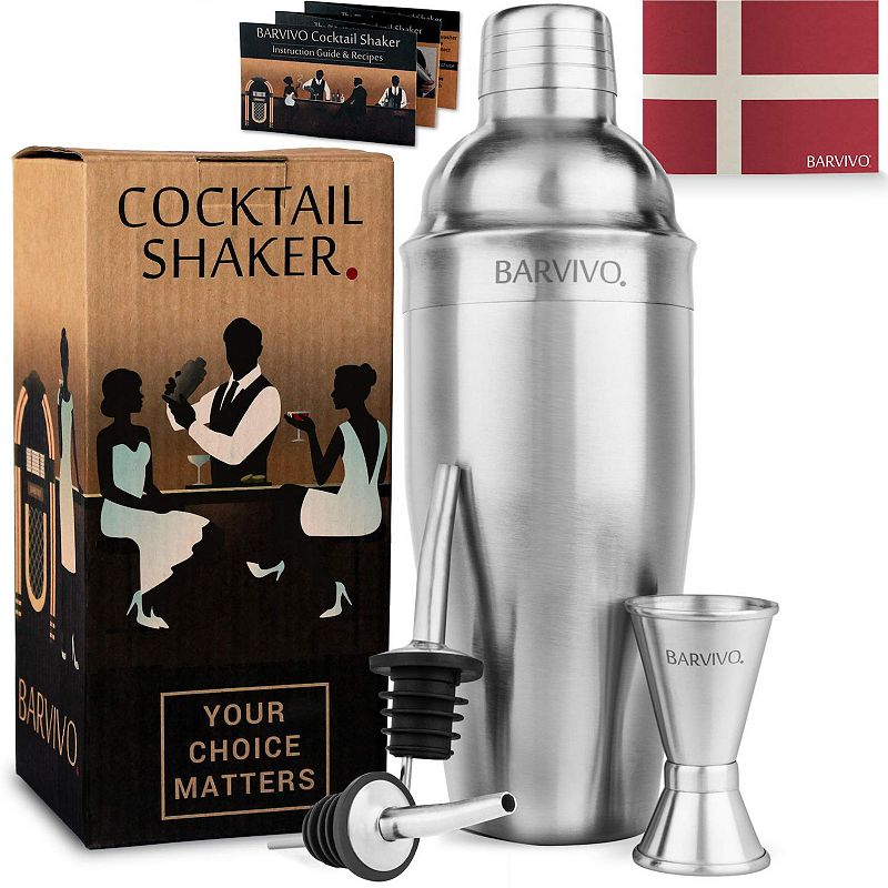 Cocktail Shaker with Double Jiggers and 2 Liquor Pourers， Martini Shaker Made of Brushed Stainless Steel with Cocktail Strainer， Premium Cocktail Accessories for Drinks