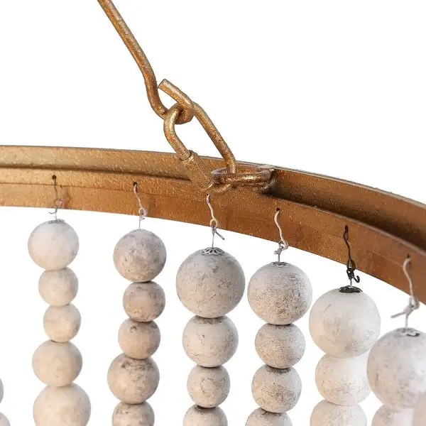 Mid-century Modern 3-light Wood Beads Chandelier Distressed Gold Dimmable Lights - D17