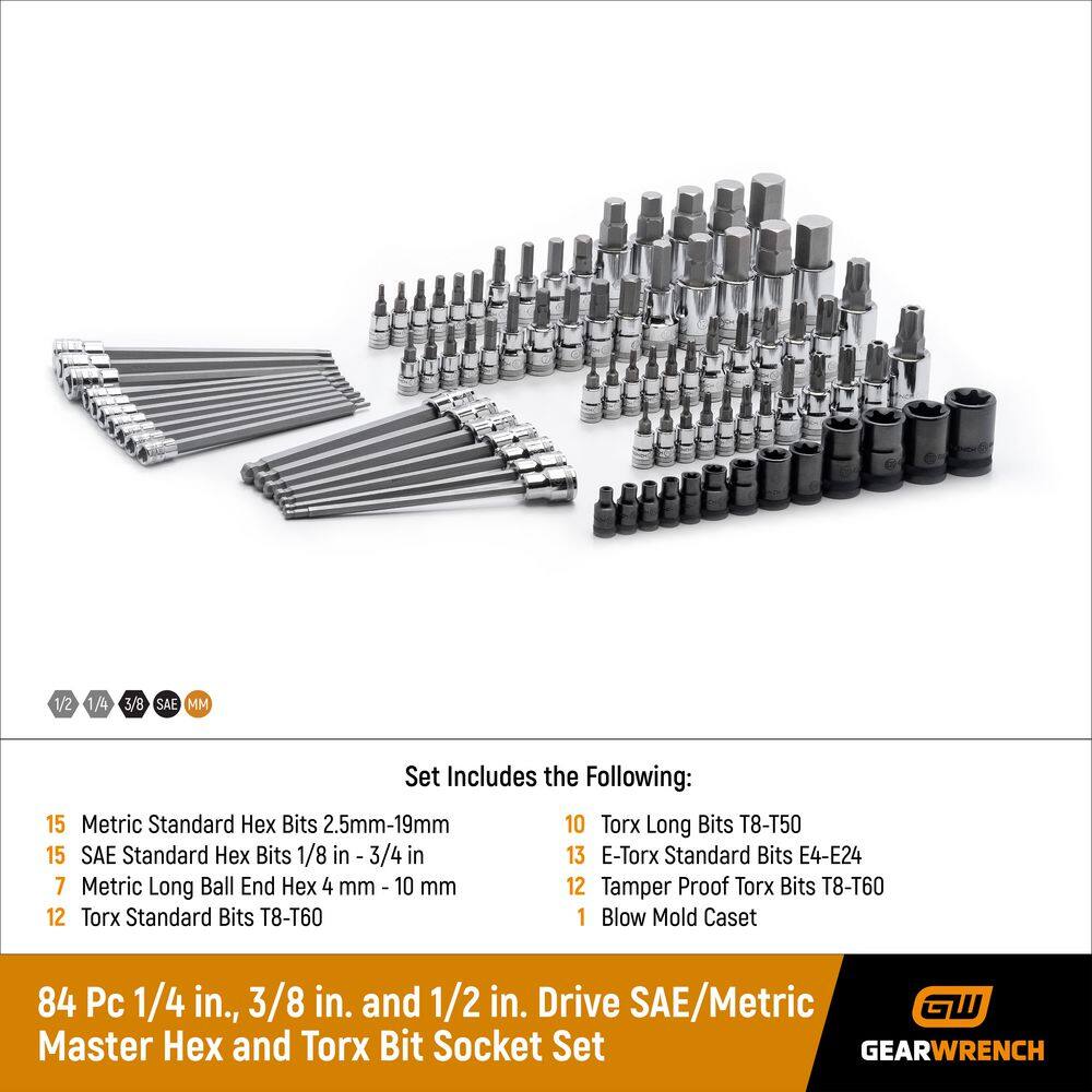 GEARWRENCH 14 in. 38 in. and 12 in. Drive SAEMetric Master Hex and Torx Bit Socket Set (84-Piece) 80742