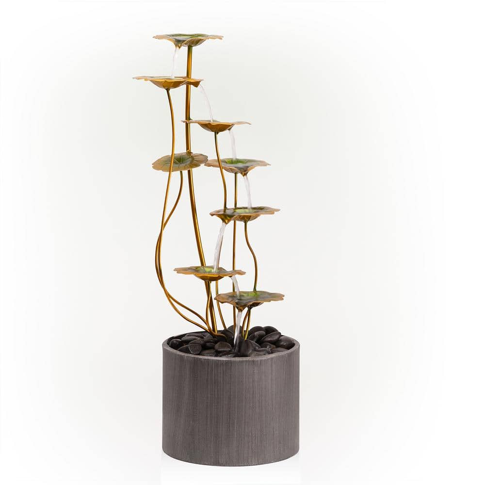 Alpine Corporation 31 in. Tall Indoor/Outdoor Multi-Tiered Lily Pads Metal Fountain with Stones CPS220