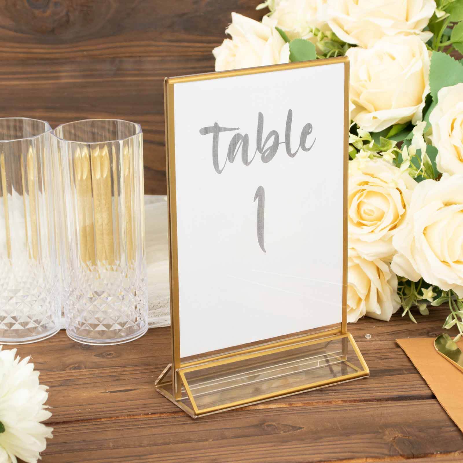 6 Pack Gold Frame Acrylic Freestanding Table Sign Holders, Double Sided Number, Picture, Menu Display Stands 5