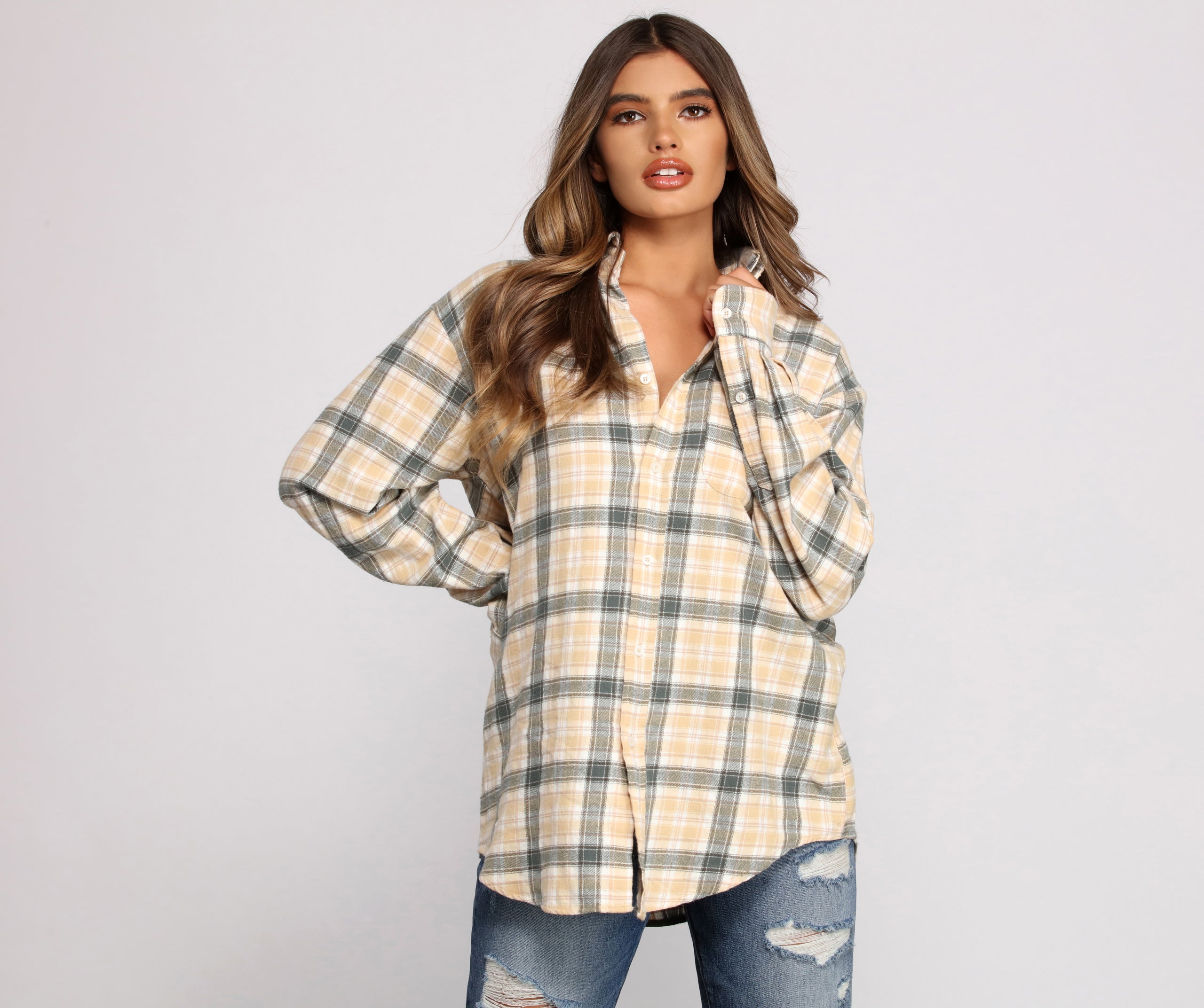 Effortlessly Edgy Mood Button-Up Flannel Tunic