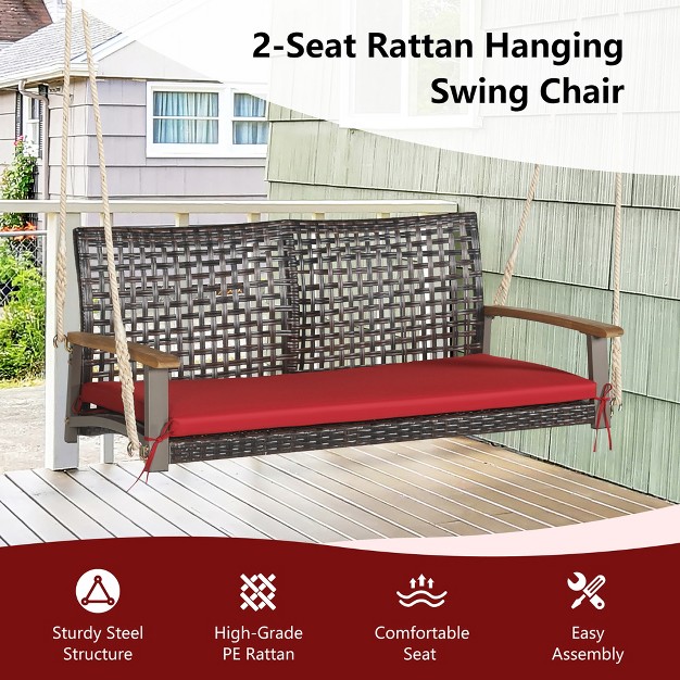 Tangkula 2 seat Rattan Porch Swing Chair Outdoor Wicker Swing Bench W Seat Cushion