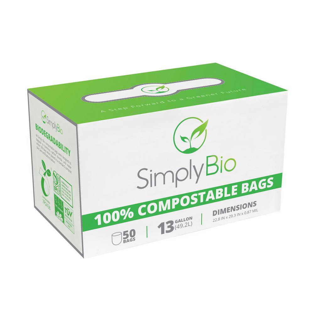 Simply Bio 13 Gal. Compostable Trash Bags with Flat Top Eco-Friendly Heavy-Duty (50-Count) SB-13GAL-F-50PK